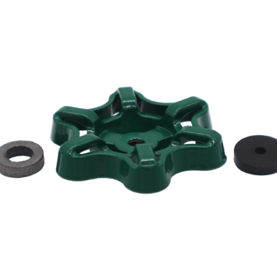 Green oval handle with black rubber washer graphite packing and stainless and brass screws.