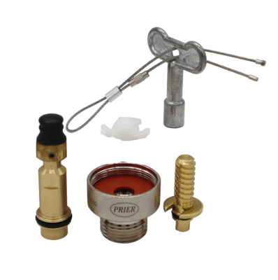 Polished chrome and brass repair kit with metal t handle tool.
