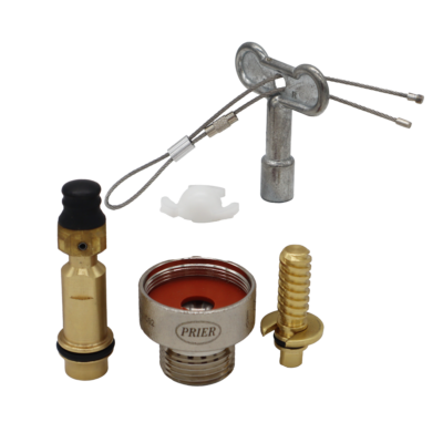 Polished chrome and brass repair kit with metal t handle tool.