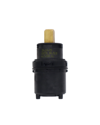 Black plastic cartridge with square brass handle connection with black rubber seals.