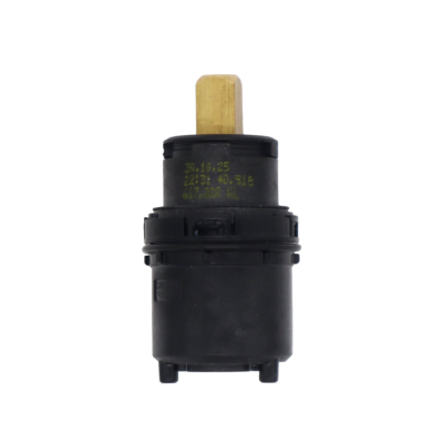Black plastic cartridge with square brass handle connection with black rubber seals.
