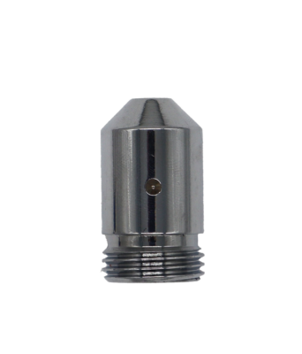 Polished chrome brass shower head with vandal proof screw and white washer.