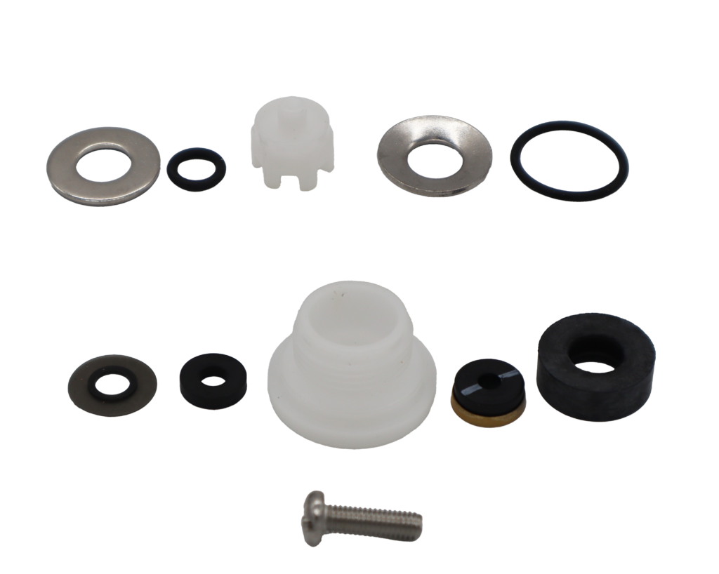 Repair kit with black rubber washers & o-rings with white plastic vacuum breaker internals with stainless washers and screw.