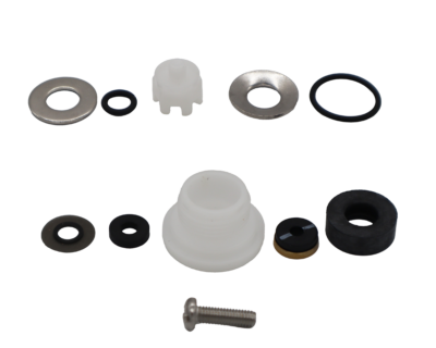 Repair kit with black rubber washers & o-rings with white plastic vacuum breaker internals with stainless washers and screw.