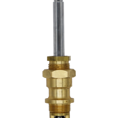 Bright brass body with polished chrome stem white plastic diverter washer black rubber washer and brass screw.