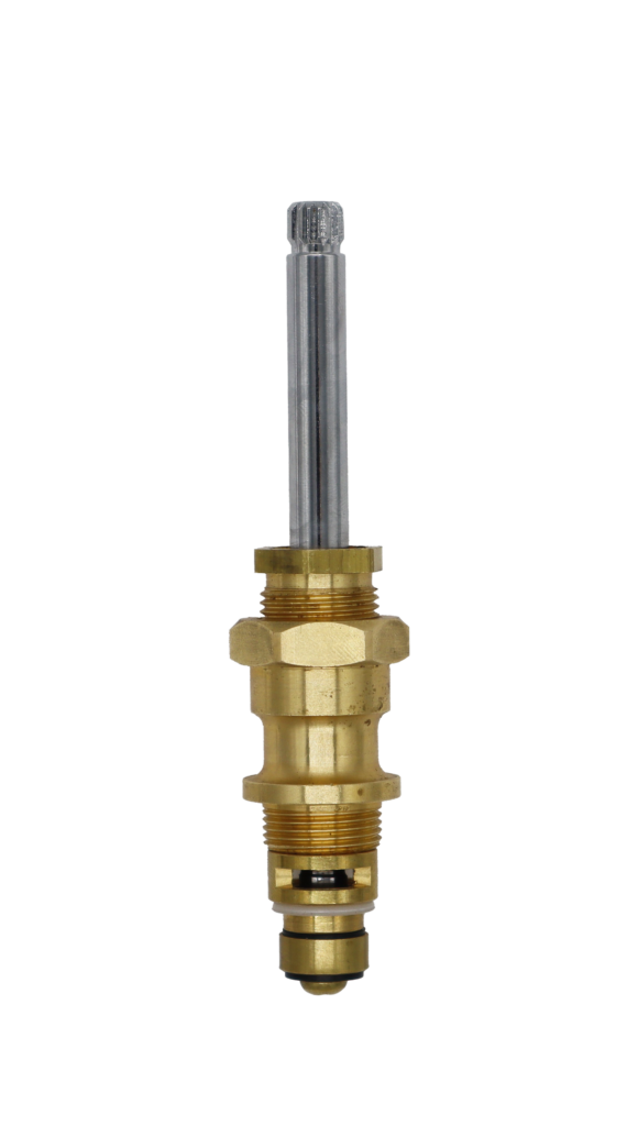 Bright brass body with polished chrome stem white plastic diverter washer black rubber washer and brass screw.