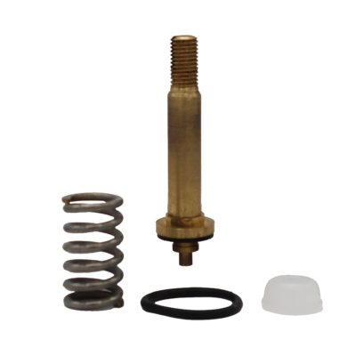 Bright brass stem with metal spring white plastic nut and black rubber o-ring.