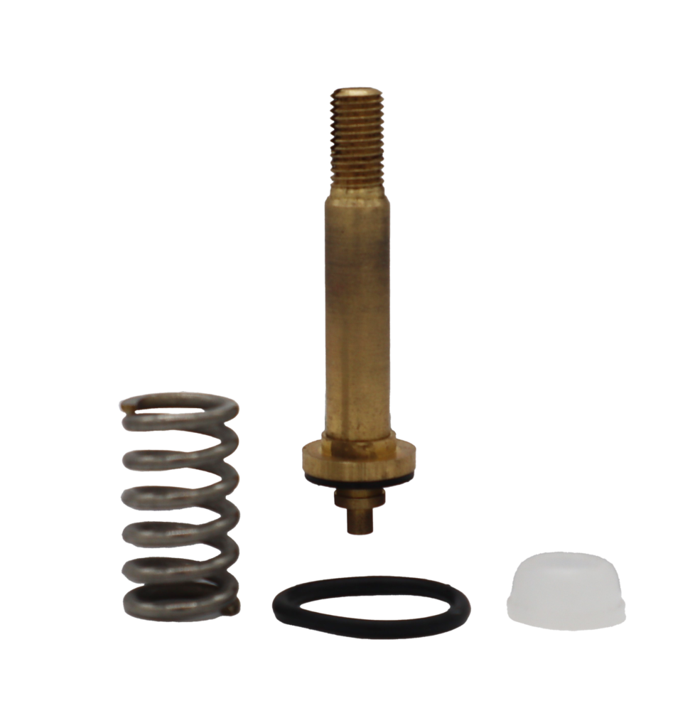 Bright brass stem with metal spring white plastic nut and black rubber o-ring.
