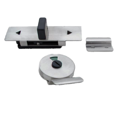 Satin stainless steel latch slide with black button and green indicator.