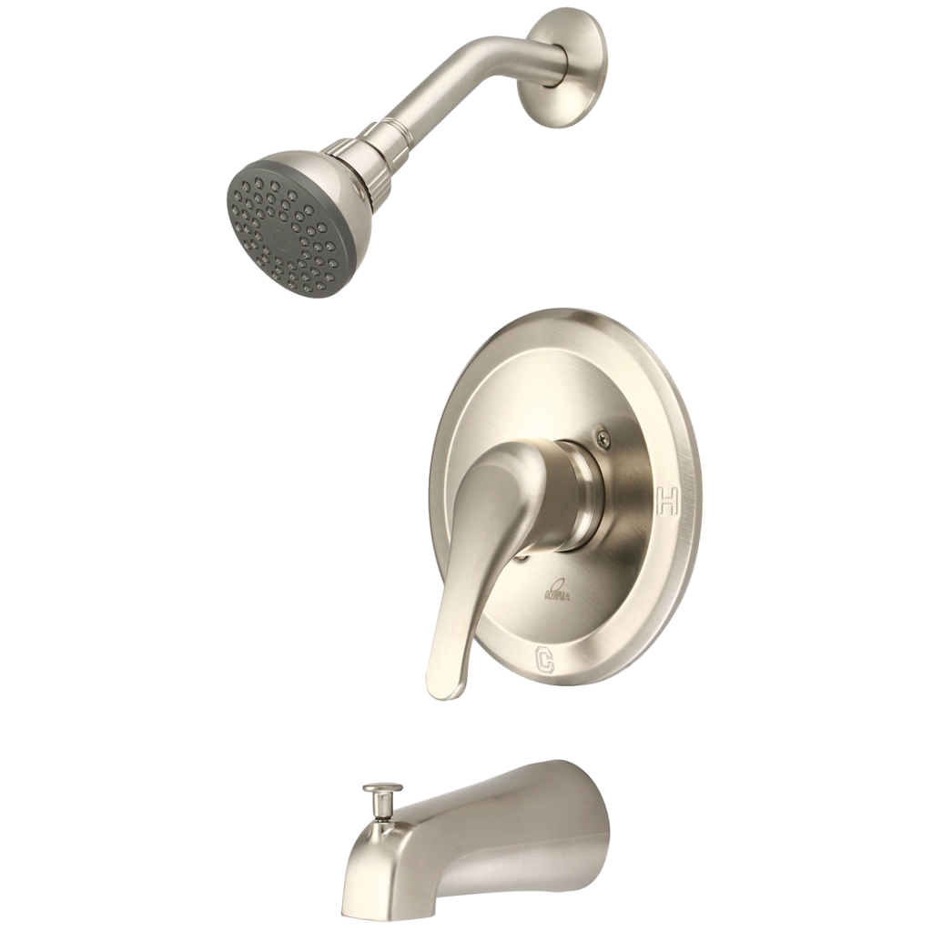 Brushed nickel spout escutcheon handle shower arm and head.