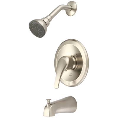 Brushed nickel spout escutcheon handle shower arm and head.