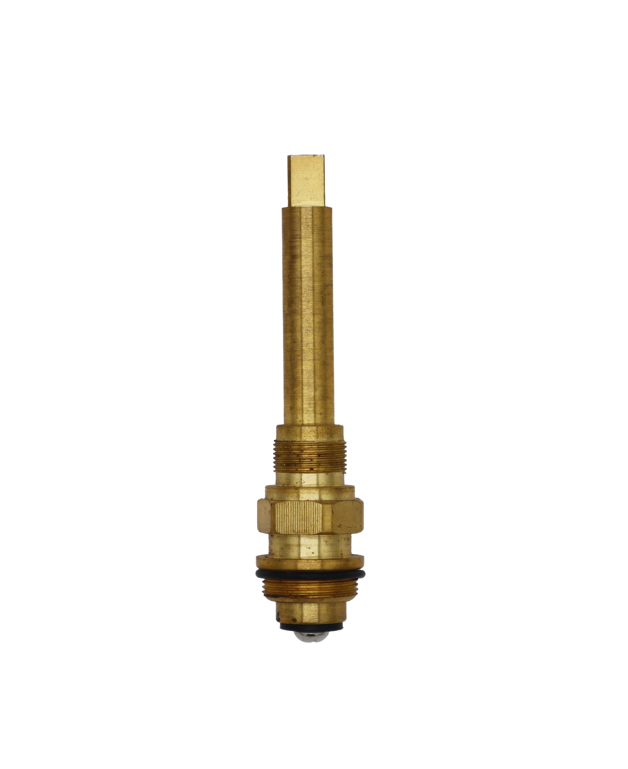 Bright brass stem with black rubber o-ring black rubber washer and stainless screw.