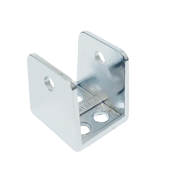 Polished chrome bracket with screw holes.
