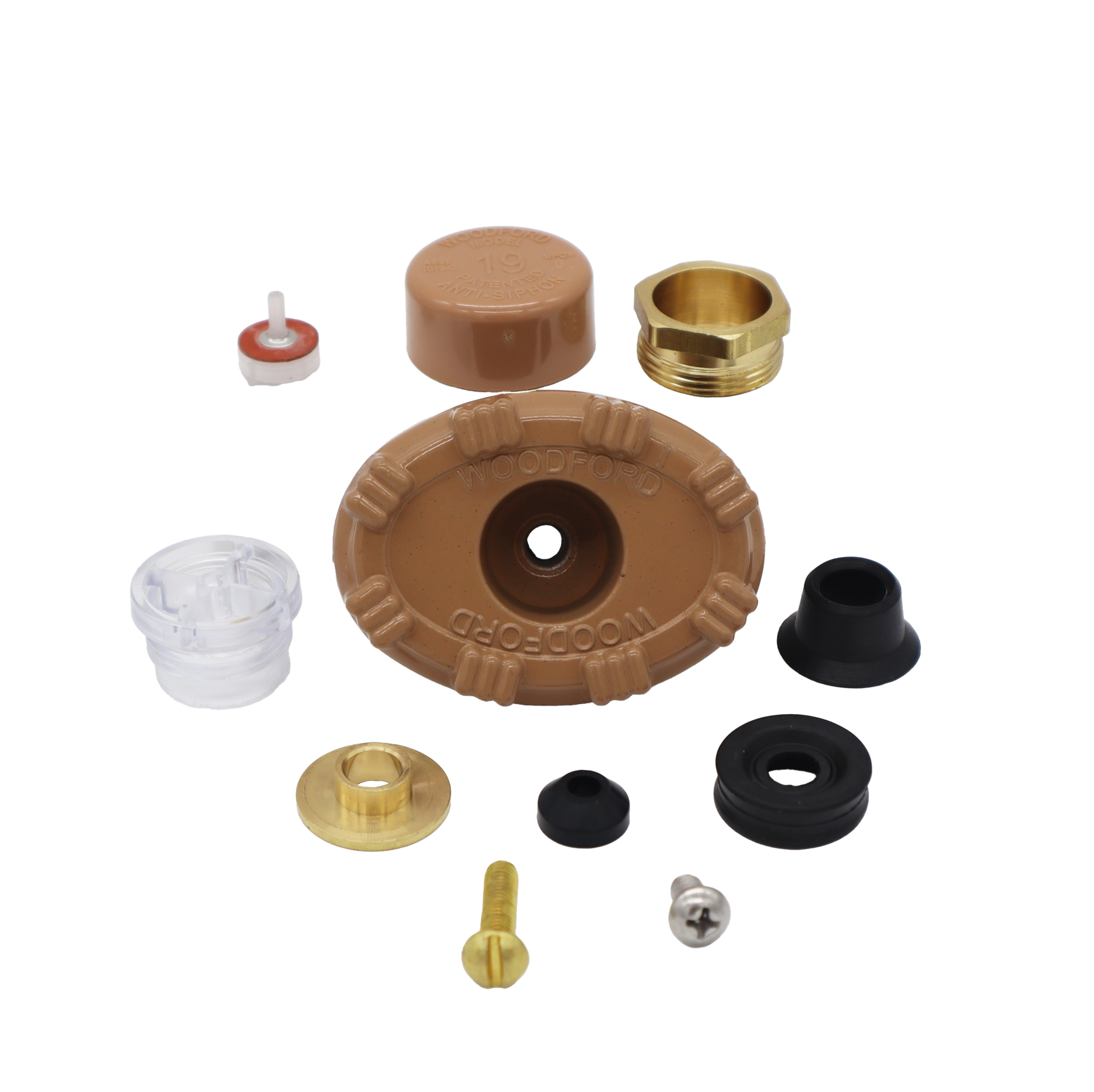 Tan metal handle with tan plastic cap brass screw washer and nut plastic vacuum breaker black rubber seals with chrome screw.