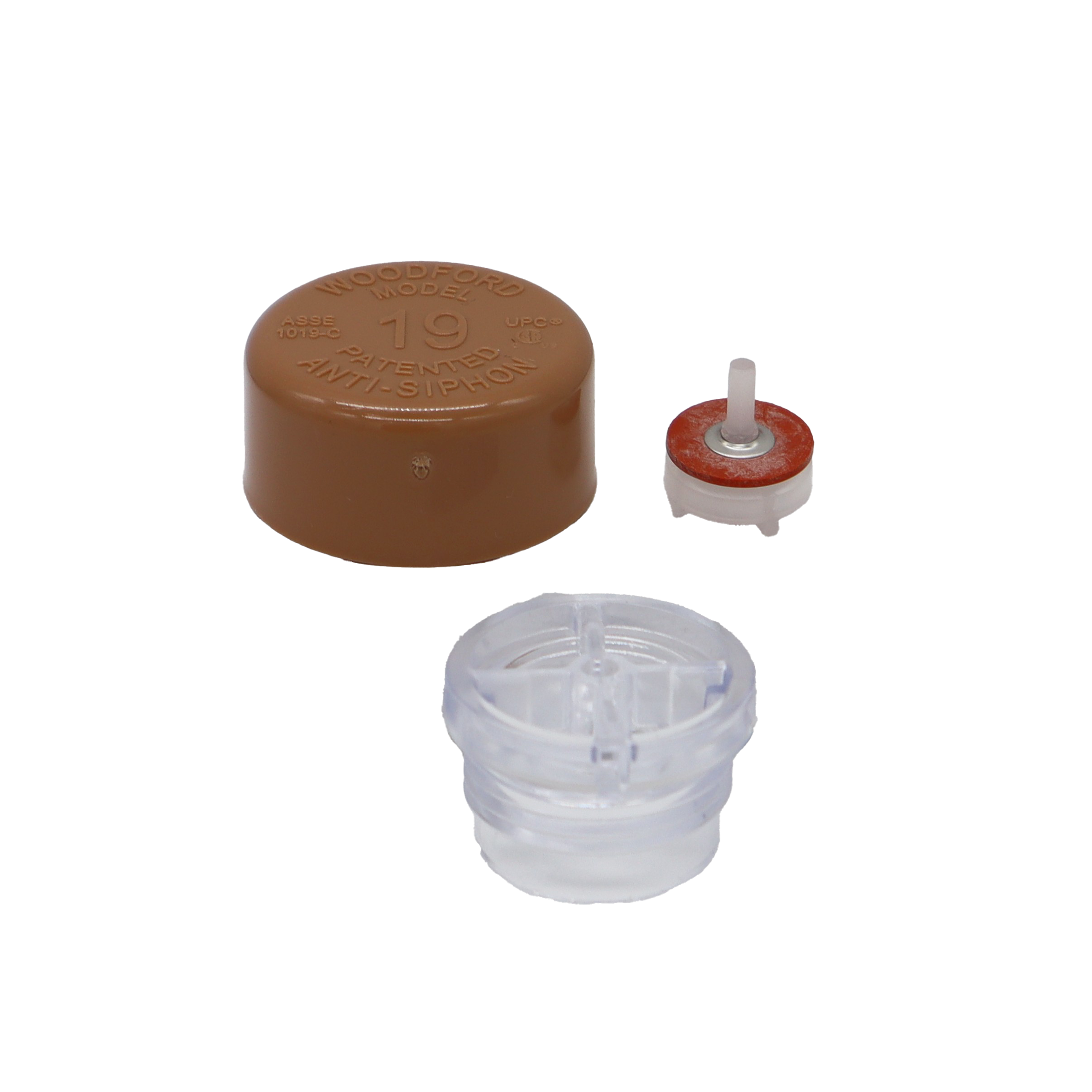 Tan plastic cap with clear plastic vacuum breaker and float with red rubber washer.