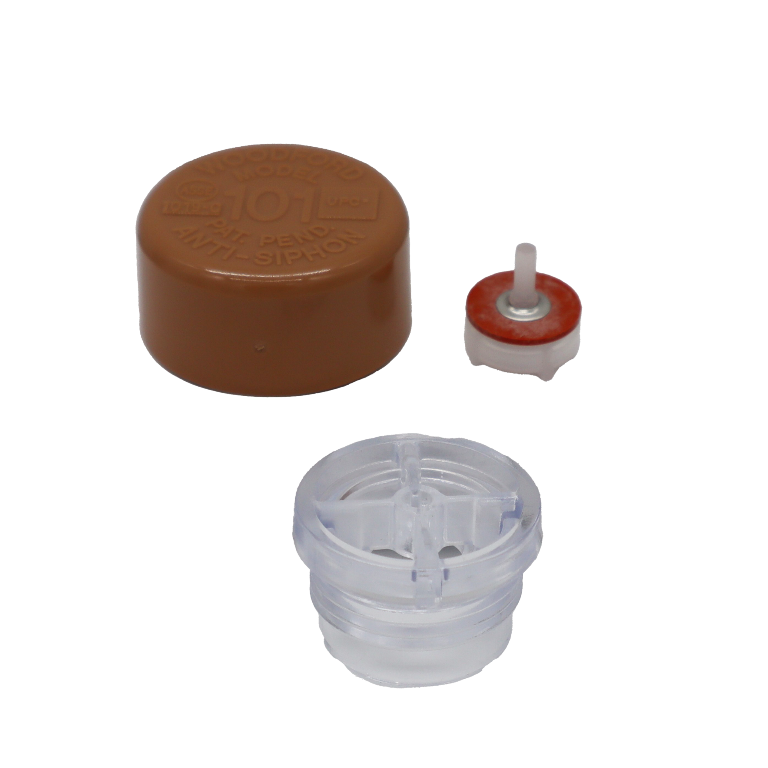 Tan plastic cap with clear plastic vacuum breaker and float with red rubber washer.