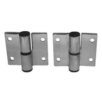 Stainless steel hinge with screw holes.