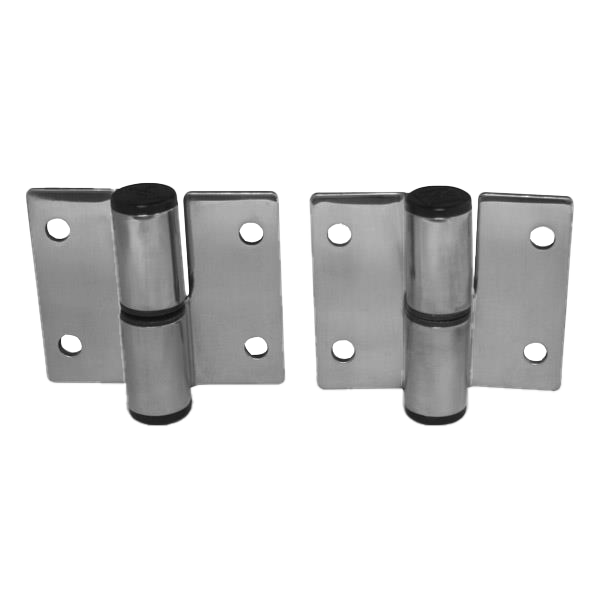 Stainless steel hinge with screw holes.