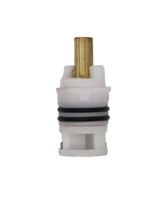 White plastic cartridge with brass stem black rubber o-rings and stainless steel bottom.