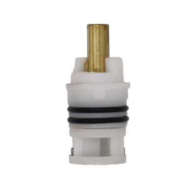 White plastic cartridge with brass stem black rubber o-rings and stainless steel bottom.