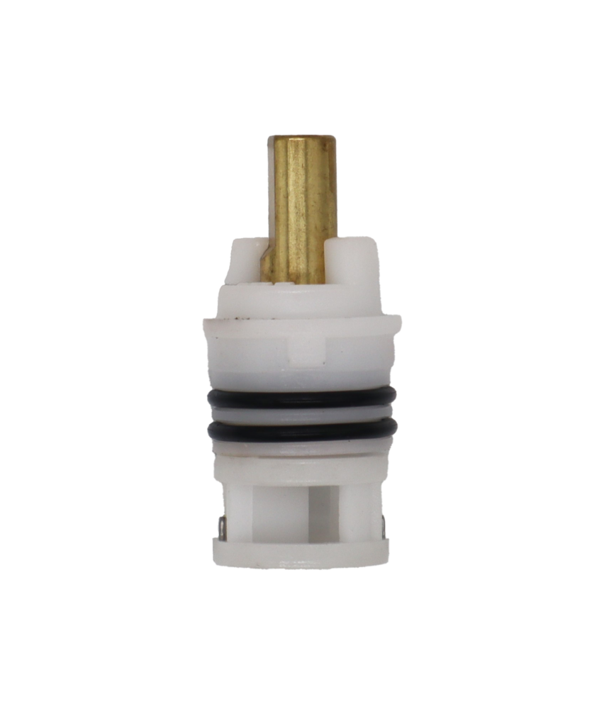 White plastic cartridge with brass stem black rubber o-rings and stainless steel bottom.
