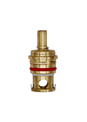 Bright brass cartridge with red rubber o-ring white o-ring and stainless steel bottom.