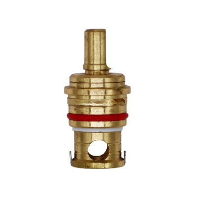 Bright brass cartridge with red rubber o-ring white o-ring and stainless steel bottom.