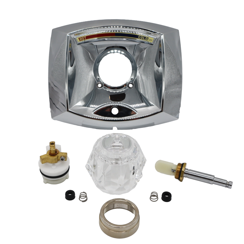 Polished chrome escutcheon diverter bonnet nut with clear acrylic handle white plastic cartridge stainless springs and black rubber seats.