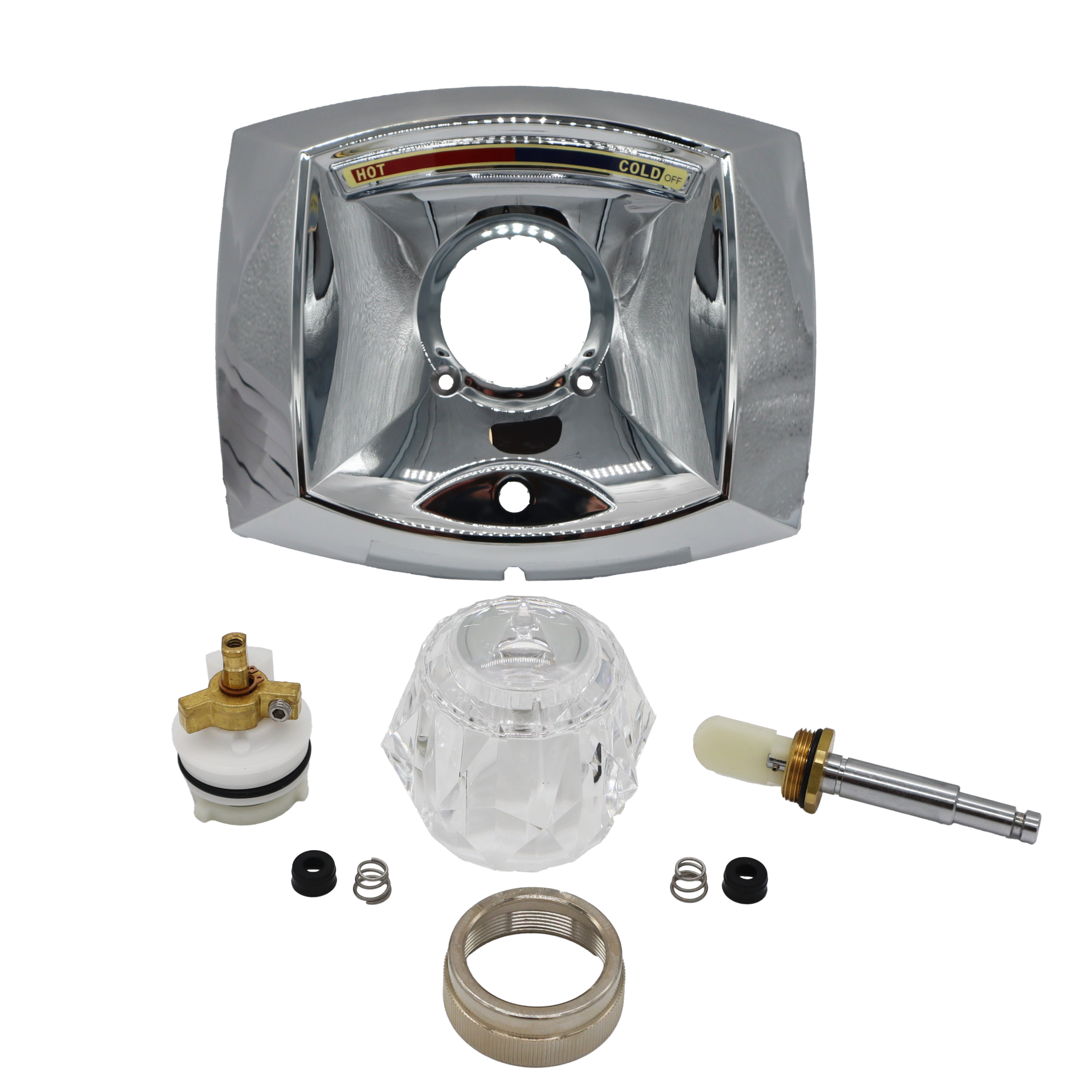 Polished chrome escutcheon diverter bonnet nut with clear acrylic handle white plastic cartridge stainless springs and black rubber seats.