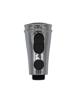 Polished chrome sprayhead with black rubber buttons black plastic hose connection and black rubber sprayface.