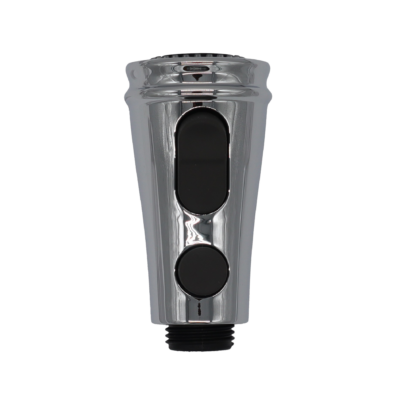 Polished chrome sprayhead with black rubber buttons black plastic hose connection and black rubber sprayface.