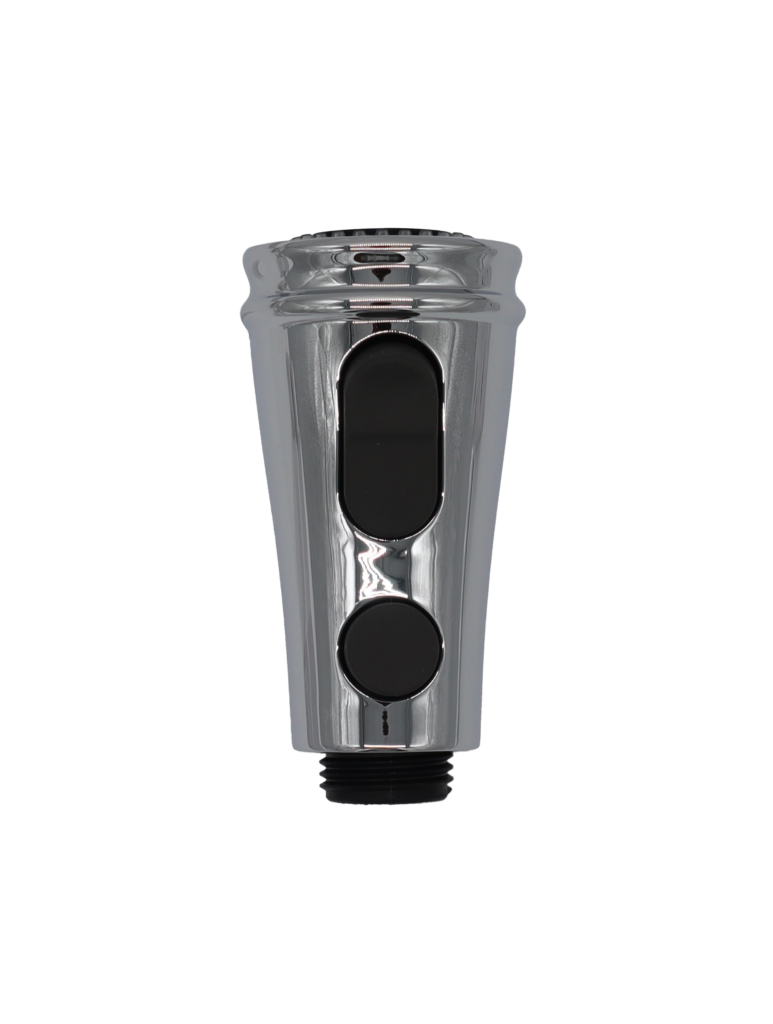 Polished chrome sprayhead with black rubber buttons black plastic hose connection and black rubber sprayface.