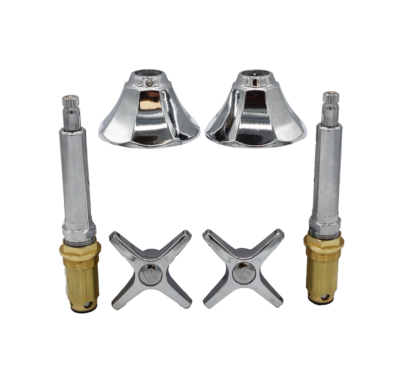 Polished chrome stem cross handles escutcheons stainless screws.