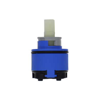 Blue and black plastic cartridge body with white square plastic handle connection grey plastic limit stop and black rubber seals.