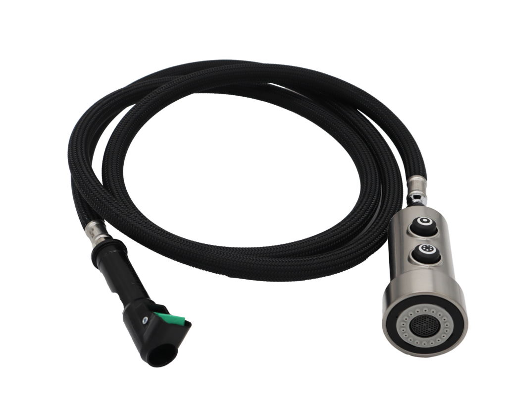 Black braided nylon hose with stainless steel spray head and black plastic quick connect with green release tab.