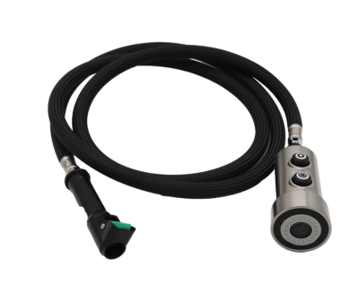 Black braided nylon hose with stainless steel spray head and black plastic quick connect with green release tab.