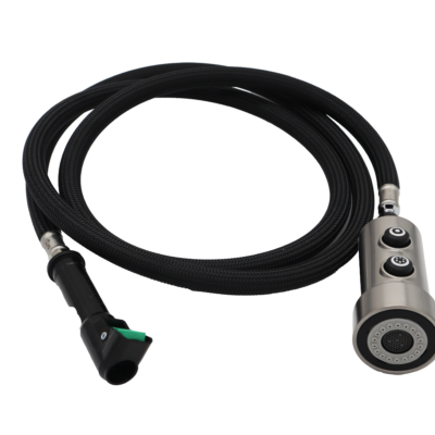 Black braided nylon hose with stainless steel spray head and black plastic quick connect with green release tab.