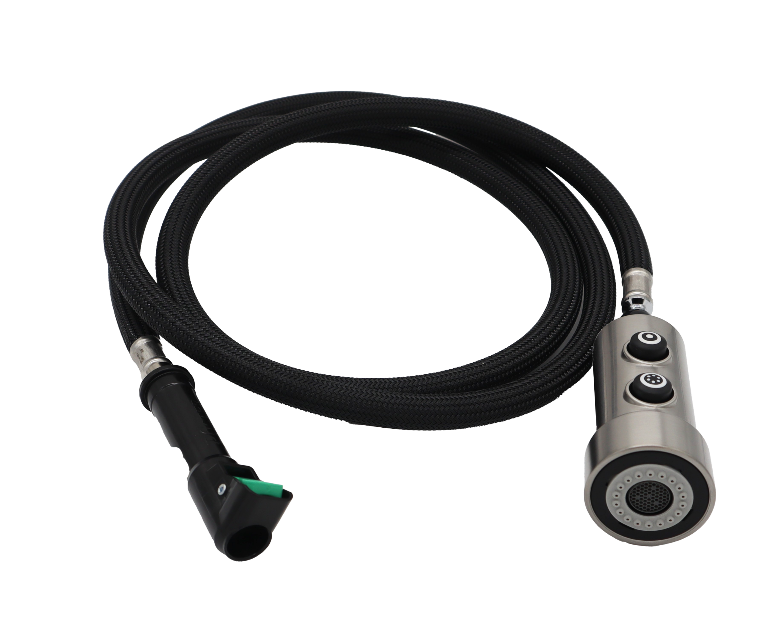 Black braided nylon hose with stainless steel spray head and black plastic quick connect with green release tab.