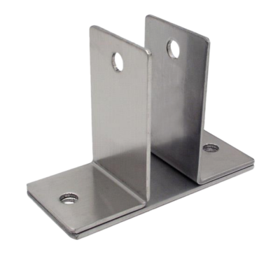 Stainless steel wall bracket with screw holes.