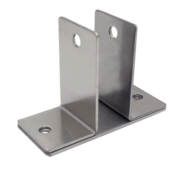 Stainless steel wall bracket with screw holes.