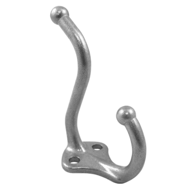 Stainless steel 2 prong coat hook with screw holes.