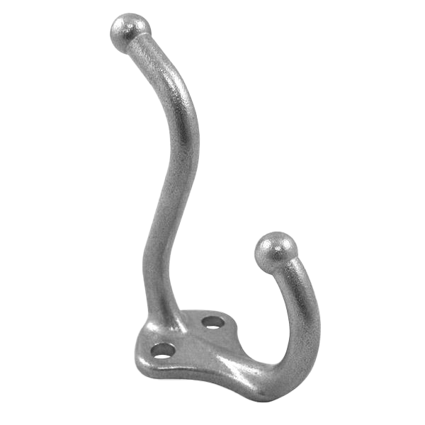 Stainless steel 2 prong coat hook with screw holes.
