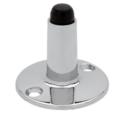 Polished chrome door stop with screw holes and black rubber stopper.