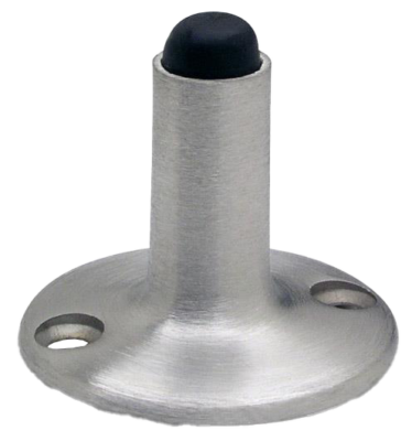 Stainless steel stopperwith screw holes and black rubber bumper.