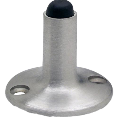 Stainless steel stopperwith screw holes and black rubber bumper.