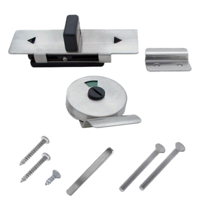 Satin stainless steel latch slide with black button and green indicator with stainless screws.