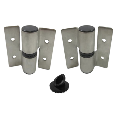 Stainless steel hinge with black plastic grommet and screw holes.