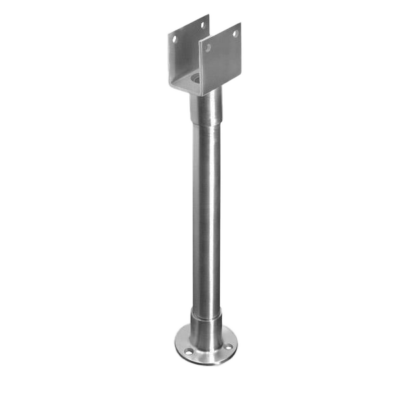 Satin stainless t shaped support bracket with screw holes.