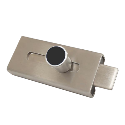 Stainless steel slide latch with black button.