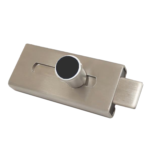 Stainless steel slide latch with black button.